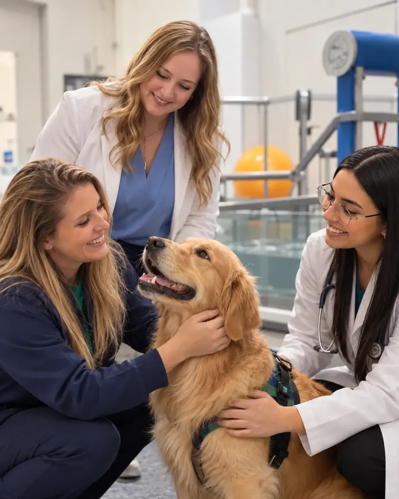 Três profissionais sorridentes acariciam um golden retriever