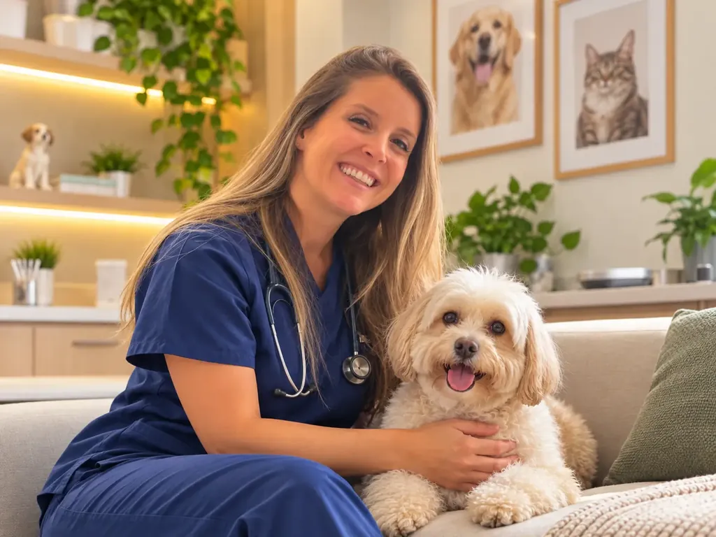 Médica-veterinária sorridente sentada ao lado de um cão de pelagem clara em um ambiente acolhedor