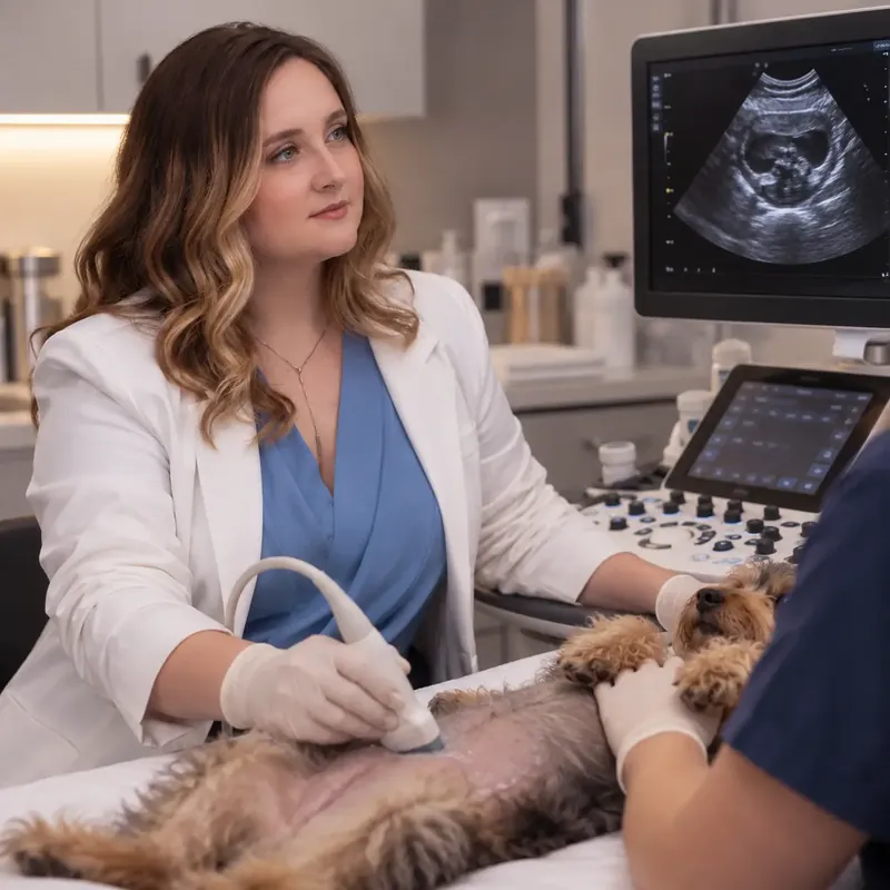 Profissional de jaleco branco realiza exame de ultrassom em um cão, acompanhando a imagem no monitor